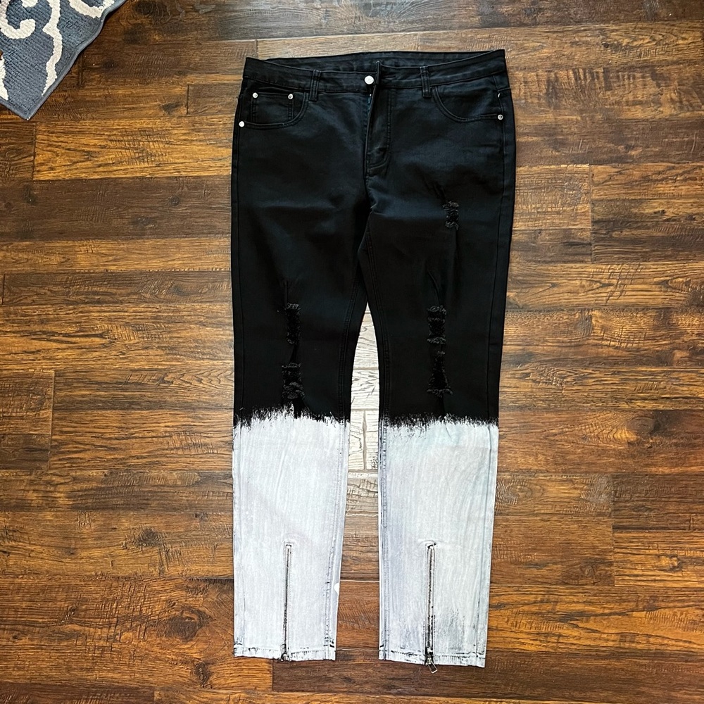 Moto Jeans Distressed Black with White Paint & Front Hem Zipper Skinny